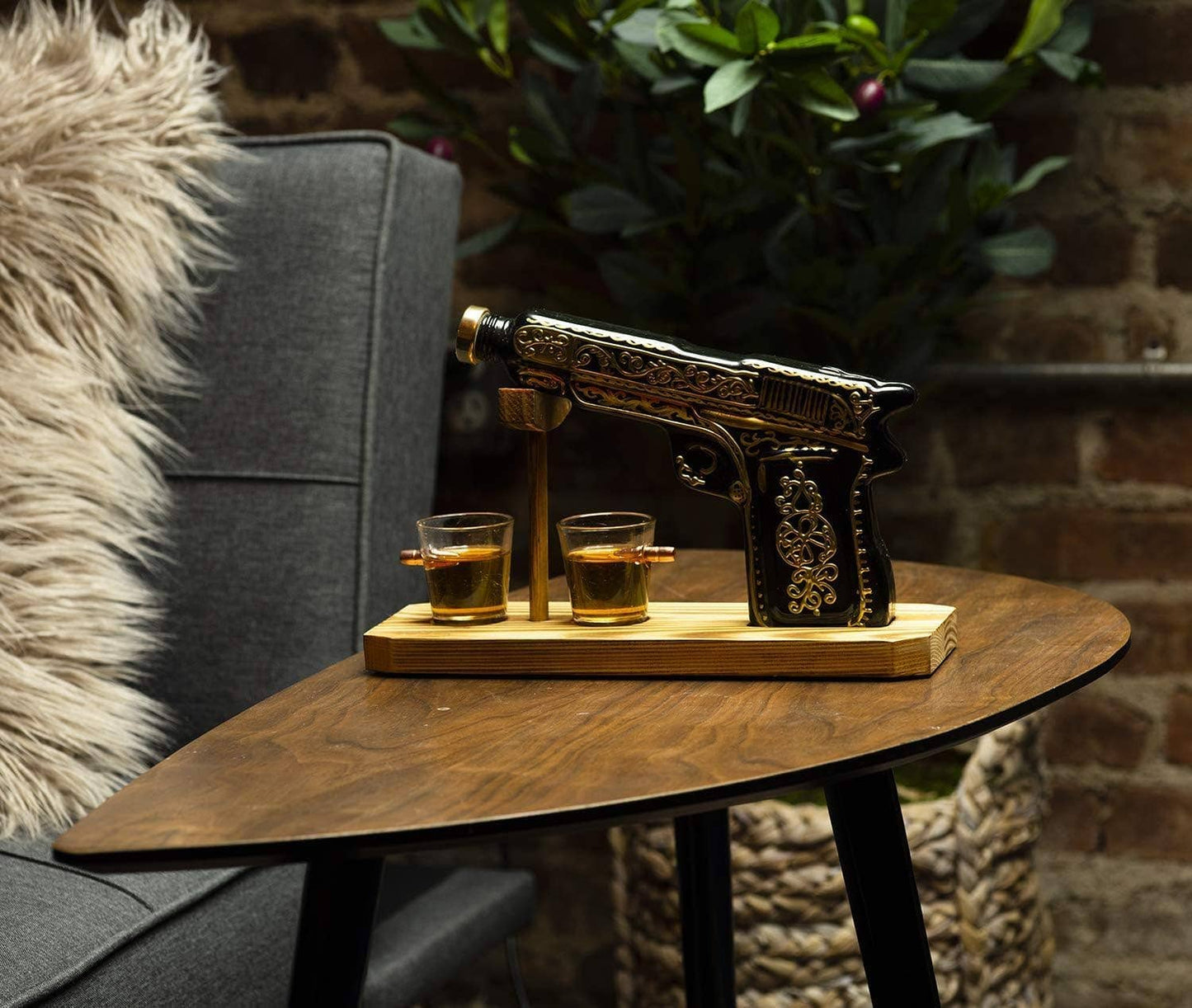 Wolf & Sparrow Glass Hand Painted Pistol Gun Decanter & 2 Shot Glasses Set