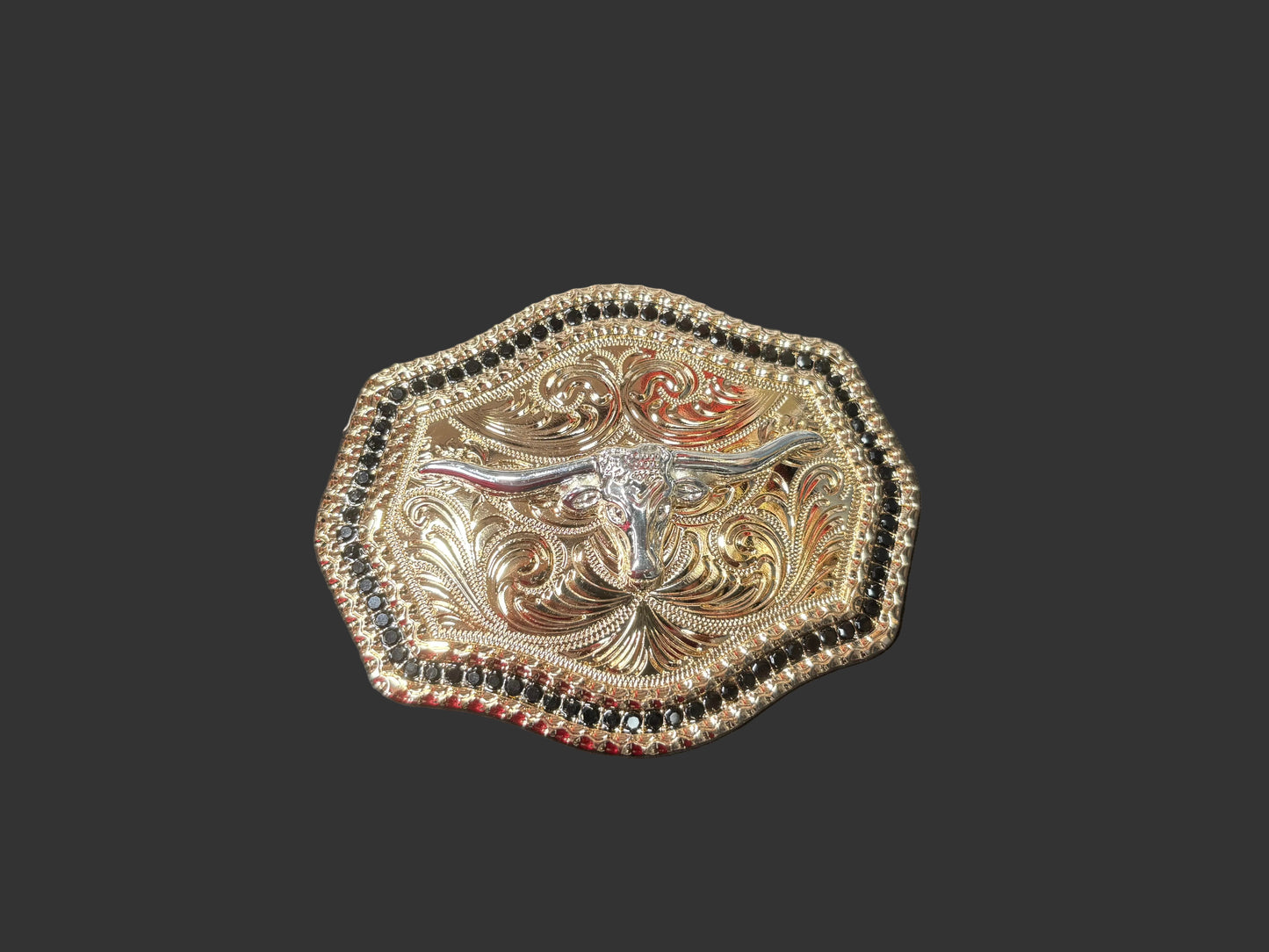 Wolf & Sparrow Gold with Black Rhinestones Western Longhorn Steer Metal Belt Buckle