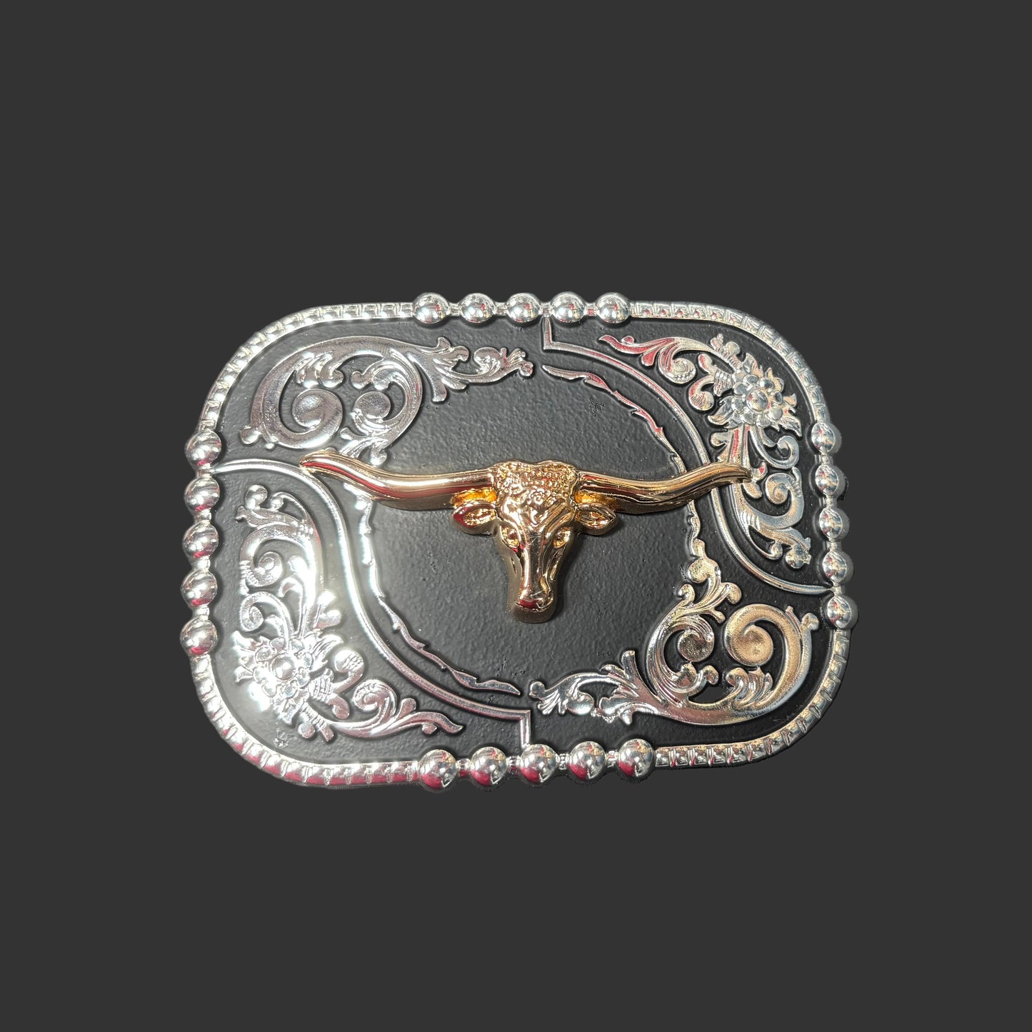 Wolf & Sparrow Black and Silver with Gold Longhorn Steer Metal Belt Buckle