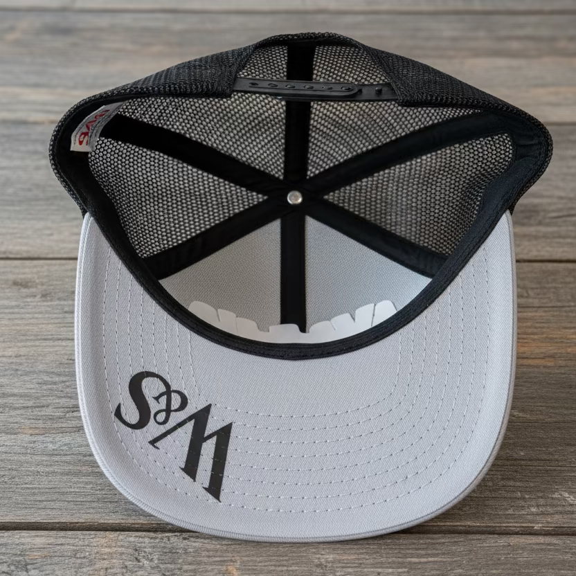 Underneath a black snapback with a silver/grey bill with the logo W&S in black on the bill on a rustic style table in grey neutral colors