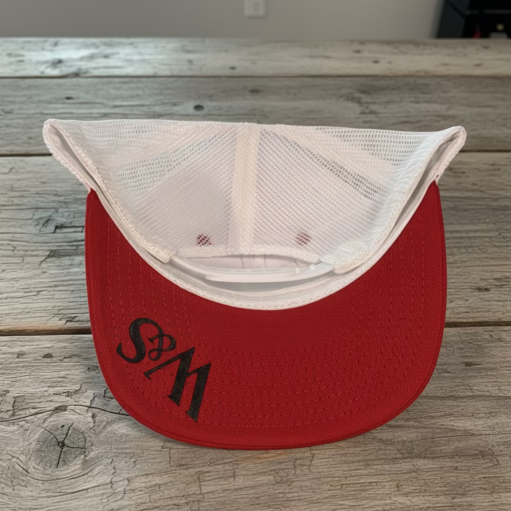 The underside of a white snapback with red bill and white trucker mesh, with the logo W&S for Wolf and Sparrow