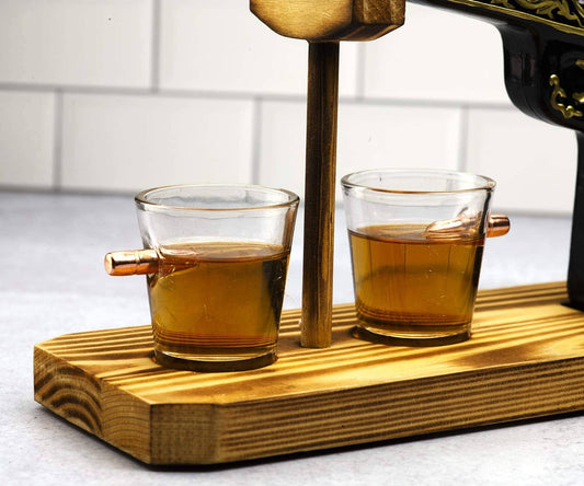 Wolf & Sparrow Glass Hand Painted Pistol Gun Decanter & 2 Shot Glasses Set