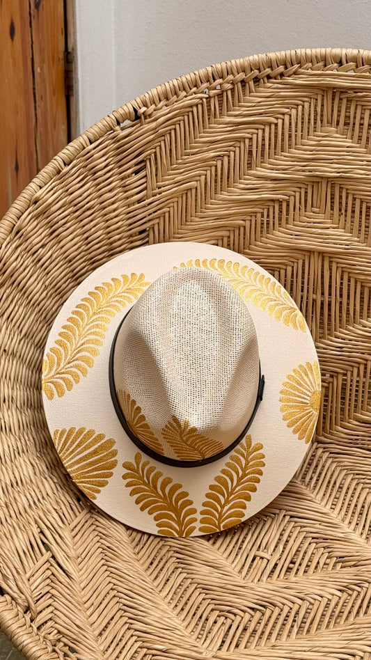 Wolf & Sparrow "Patricia" Hand Painted Resort Hat - Tan and Gold Flower