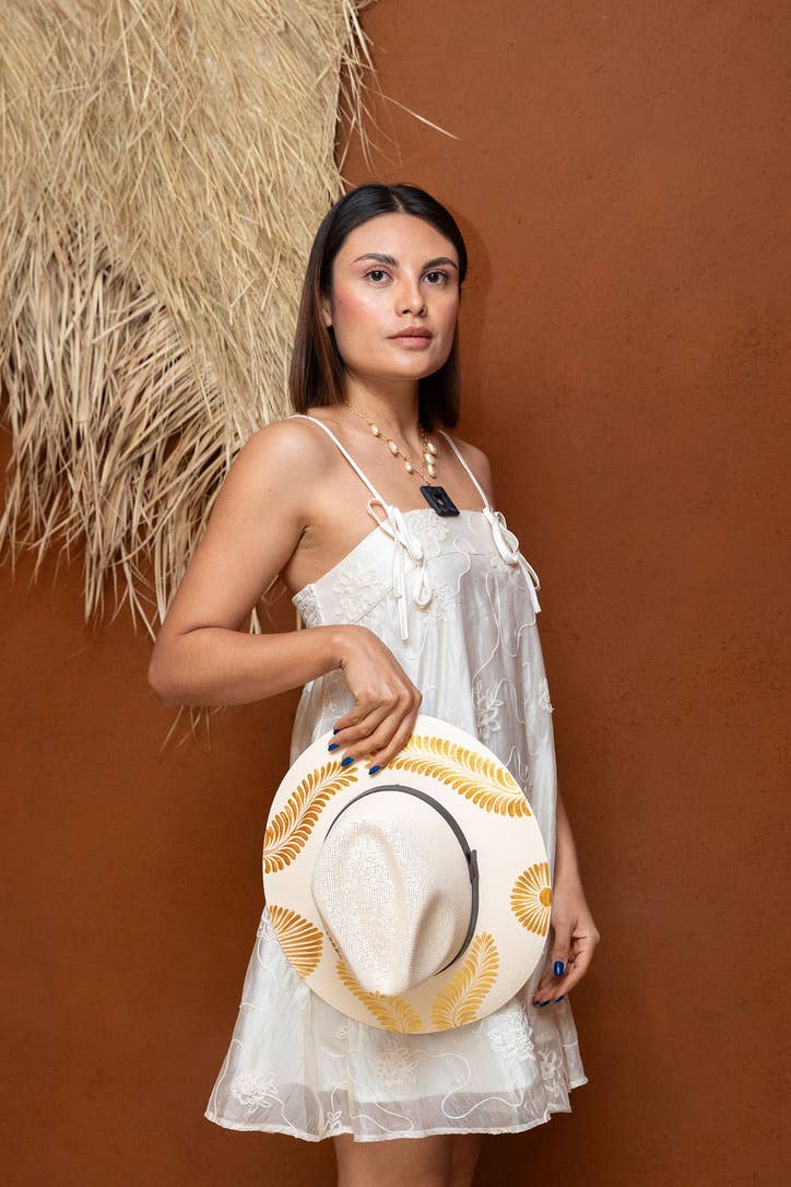 Wolf & Sparrow "Patricia" Hand Painted Resort Hat - Tan and Gold Flower