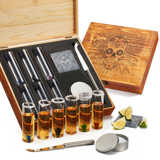 Wolf & Sparrow Tequila Shot Glass & Salt Gift Set- 6 Shot Glasses, Knife