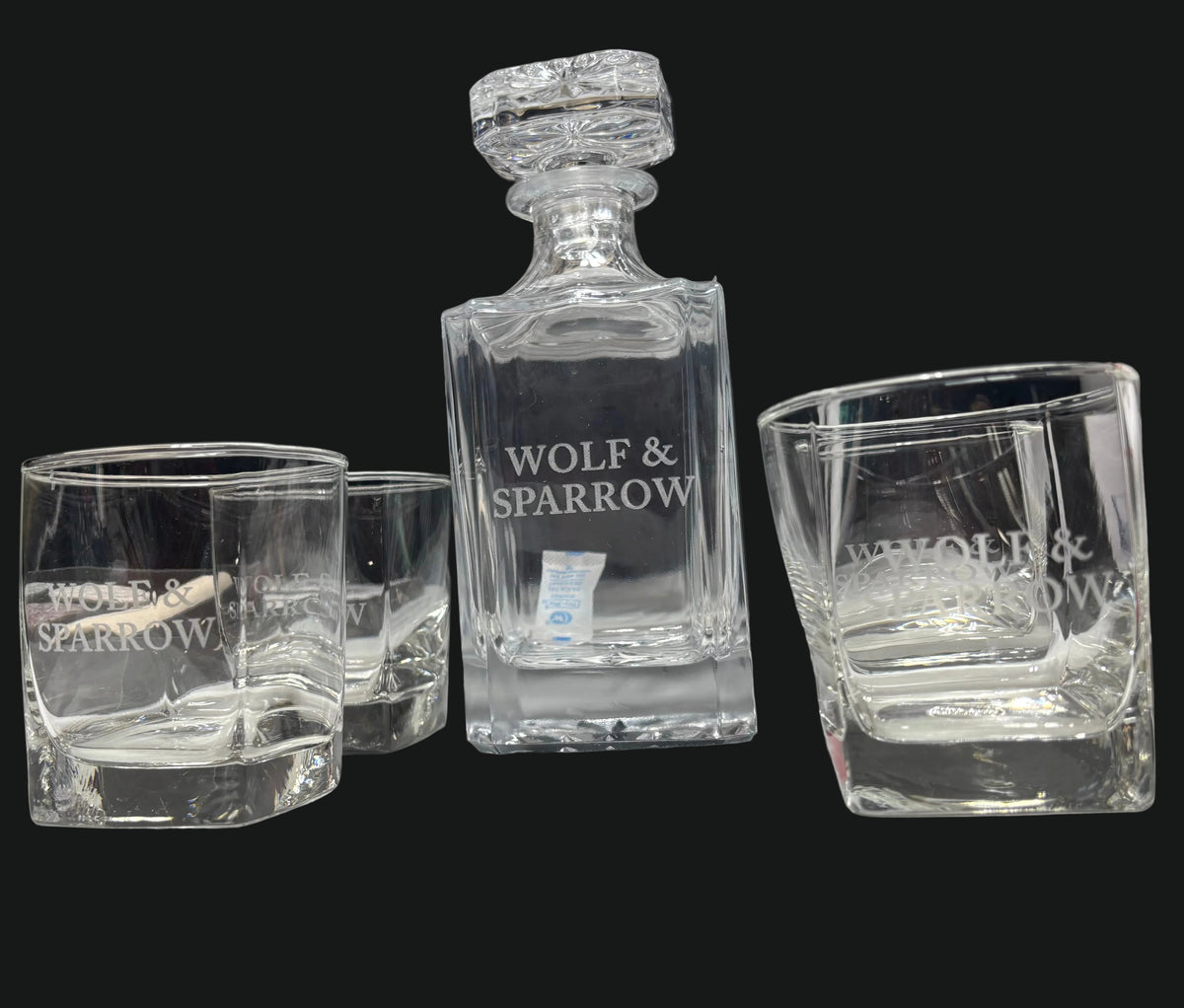 Wolf & Sparrow Engraved Crystal Decanter Set w/ 4 Rocks Glasses