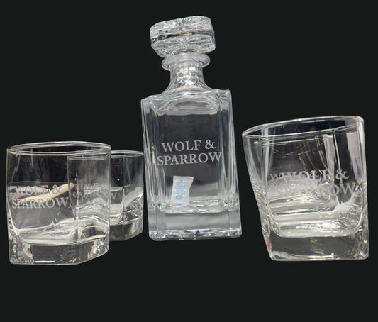 Wolf & Sparrow Engraved Crystal Decanter Set w/ 4 Rocks Glasses