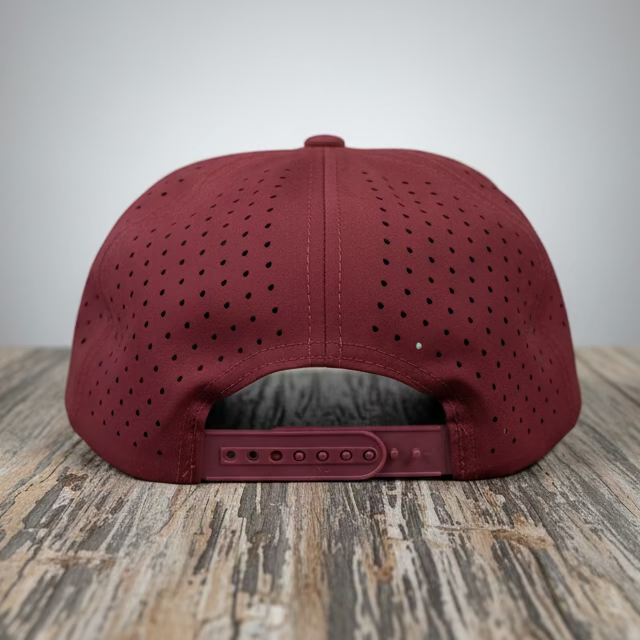 The back of a wine colored snapback with a sport laser mesh backing against a grey neutral background
