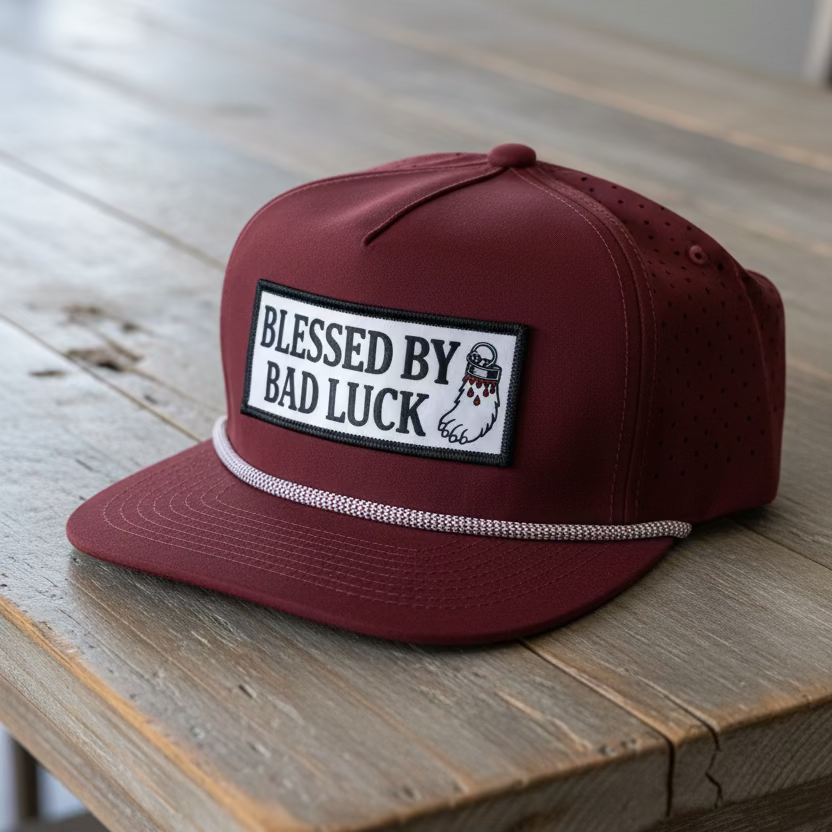 A wine colored roped sports laser mesh snapback with a full color embroidery patch that says "Blessed By Bad Luck" with a bloody lucky rabbits foot against a grey neutral background
