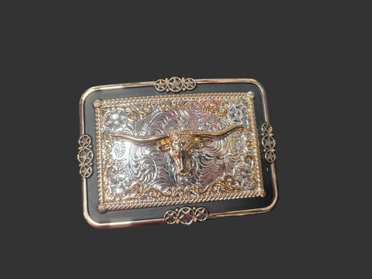 Wolf & Sparrow Black Border with Silver and Gold Western Longhorn Steer Metal Belt Buckle