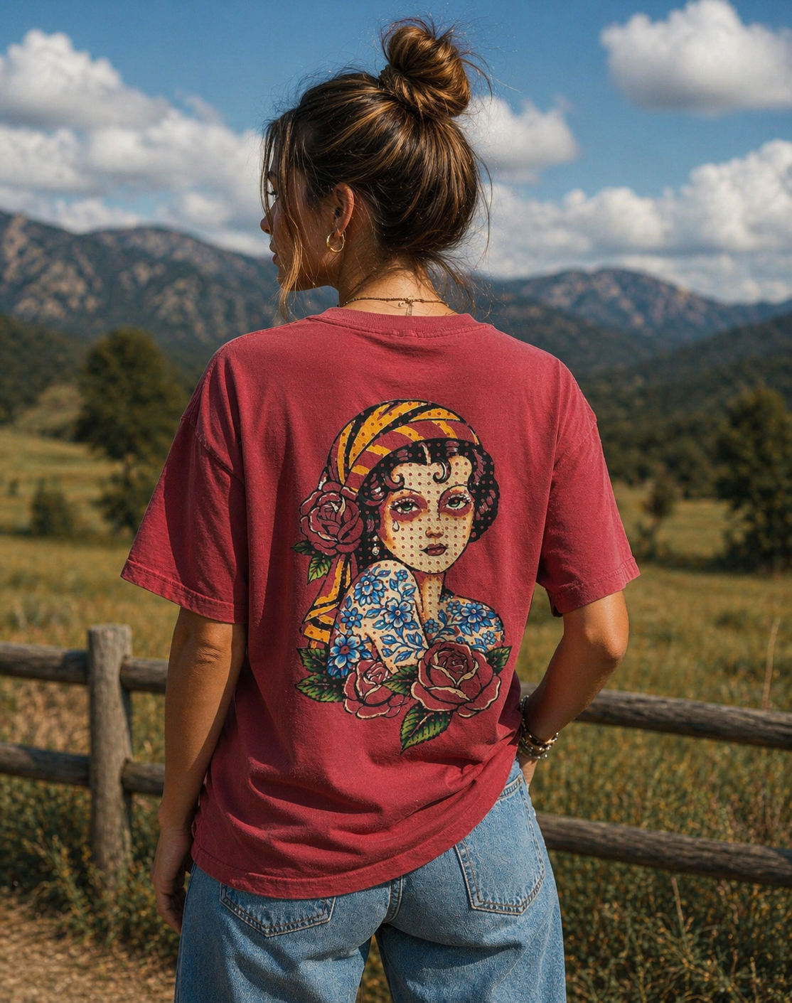 A woman wearing an chili shirt that has an image of a traditional tattoo inspired Gypsy Girl, against a mountain range background