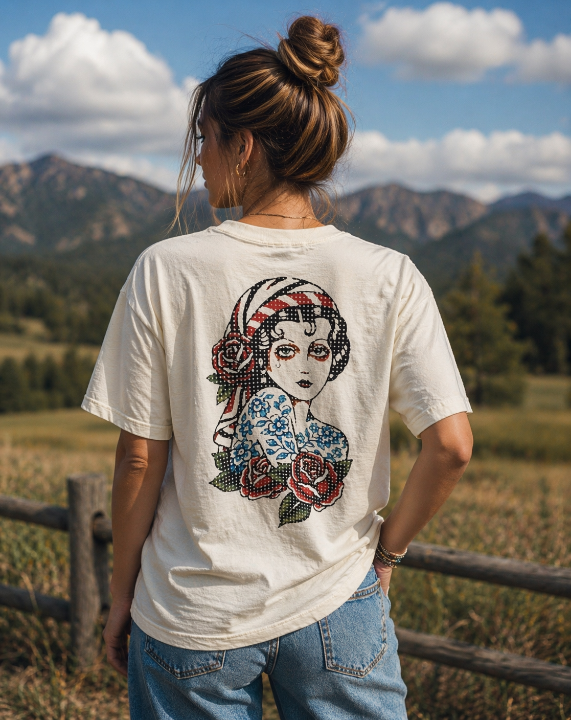 A woman wearing an ivory shirt that has an image of a traditional tattoo inspired Gypsy Girl, against a mountain range background