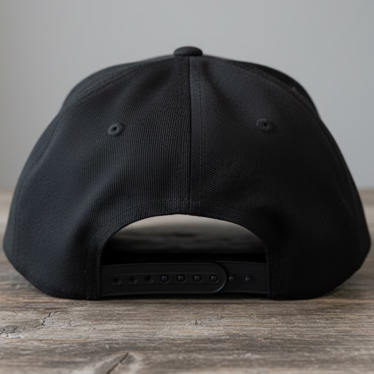 the back of a black snapback with black adjustable straps on a table with grey neutral colors