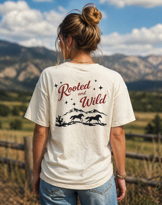 A woman wearing an ivory shirt that says Rooted and Wild with a mountain range, horses, and cactus against a mountain range
