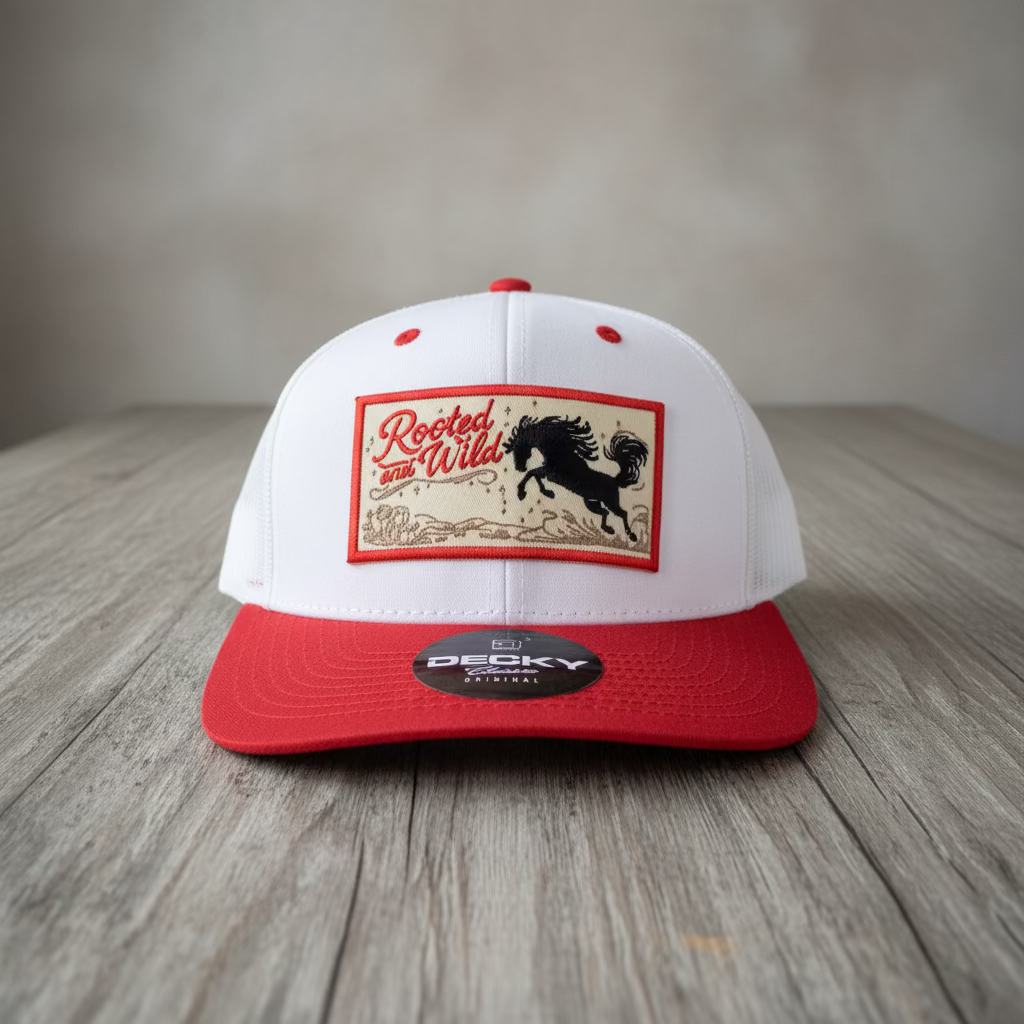 The front of a white snapback with a red bill and mesh backing, with a full color embroidery patch that says "Rooted & Wild" sitting on a rustic style table with neutral colors