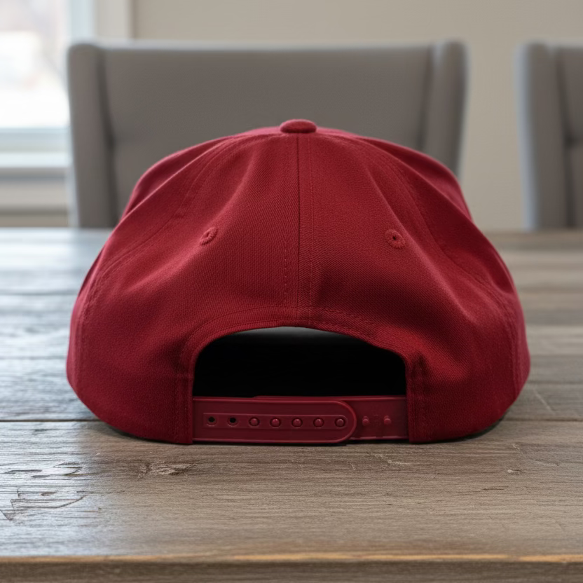 The back of a red snapback cap with red adjustable straps on a grey neutral table background