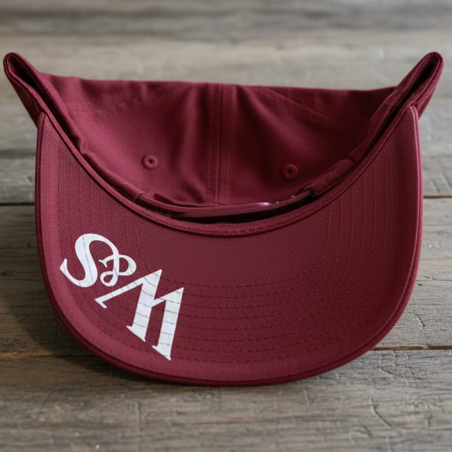 Underneath a red snapback cap with a logo W&S in white on the bill with a grey background