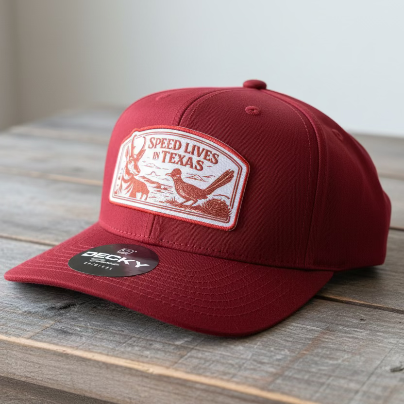 A red snapback cap with a full color embroidery patch that says "Speed Lives in Texas" with a pronghorn and roadrunner on a grey table background