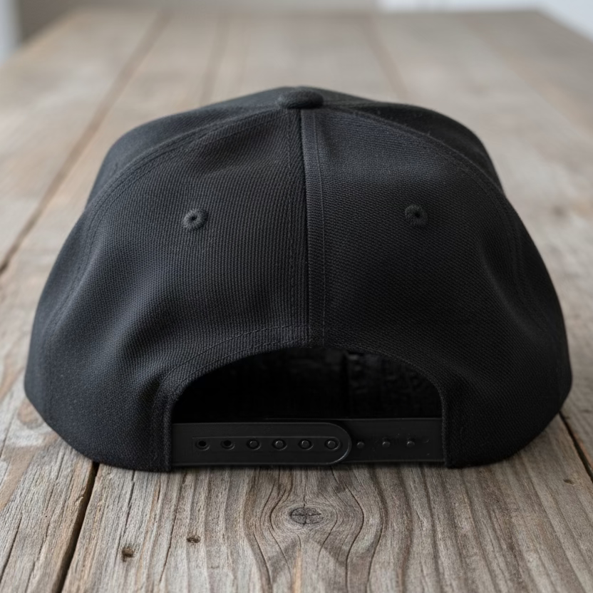 The back of a black snapback with black adjustable straps against a rustic style table with grey neutral colors