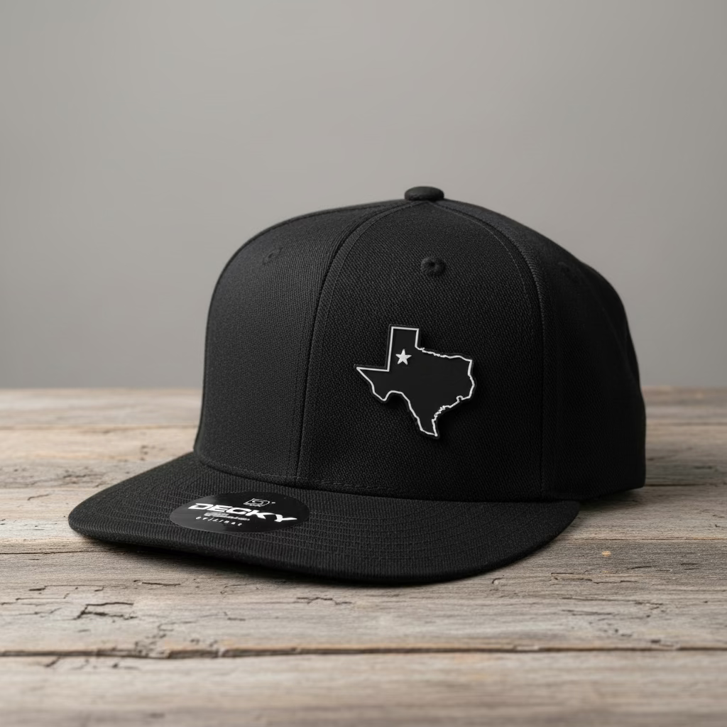 A black snapback with a PVC patch shaped as the state of Texas with a white outline and a white star off centered on a rustic style table with grey neutral colors