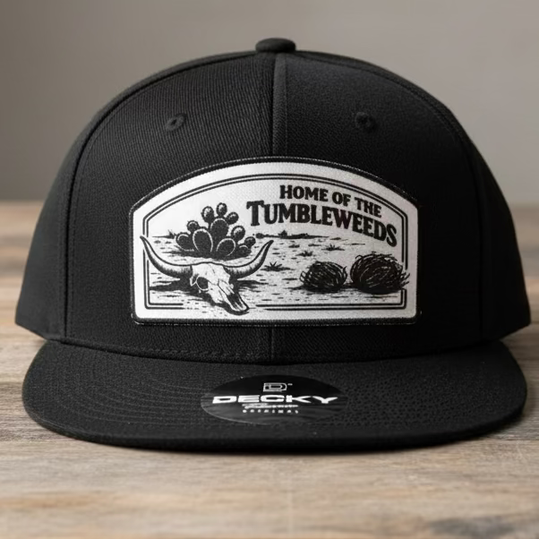 Black Snapback with a Full Color Patch with the text "Home of the Tumbleweeds" with a cactus, tumbleweeds, longhorn skull, cactus.
