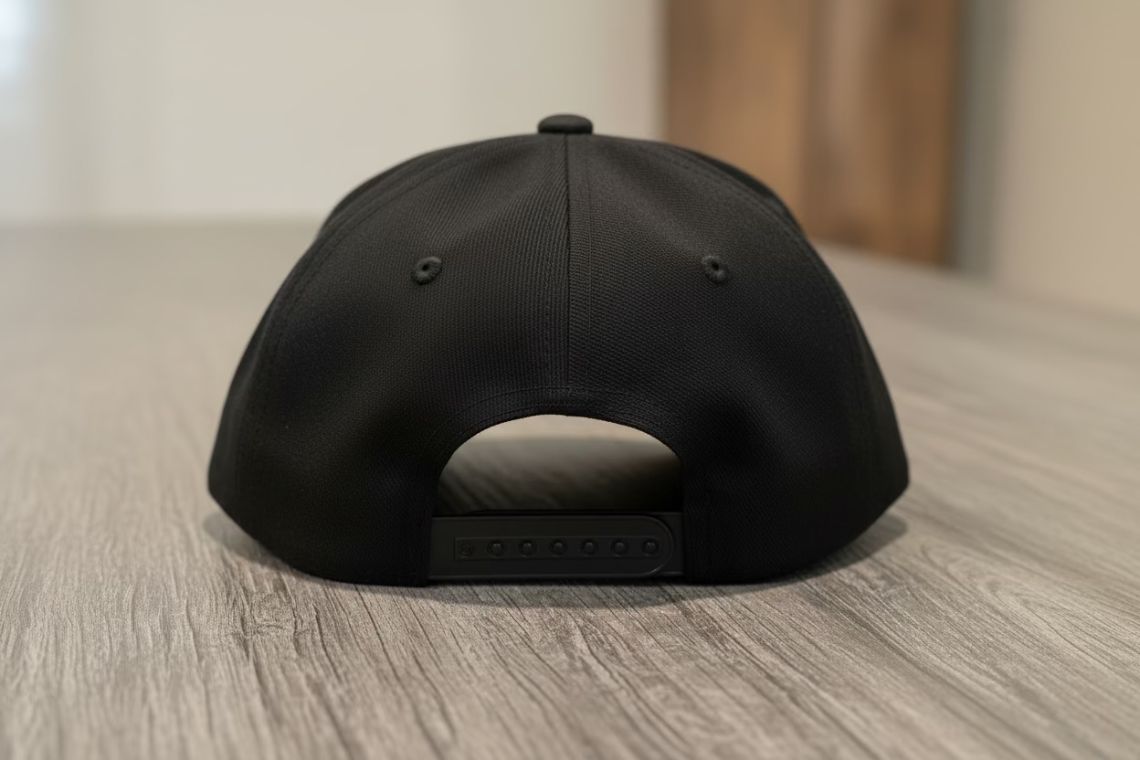 back image of a black 6 panel snapback with a full color patch