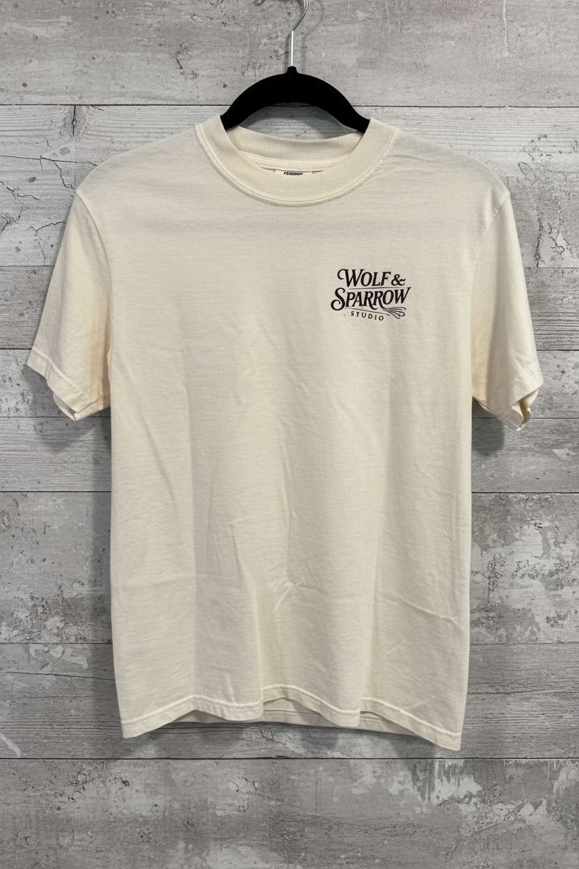 An ivory 100% cotton t-shirt with the logo Wolf & Sparrow Studio in black on the breast against a grey blackground