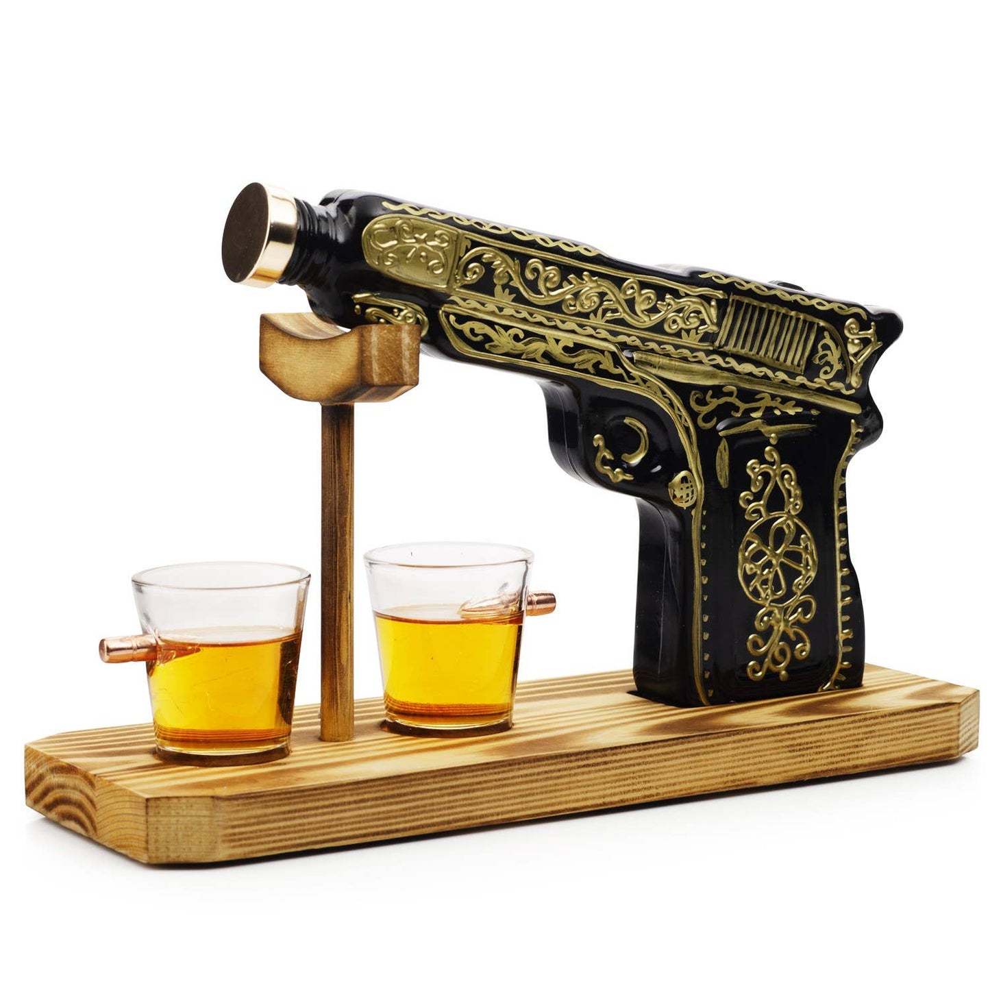 Wolf & Sparrow Glass Hand Painted Pistol Gun Decanter & 2 Shot Glasses Set