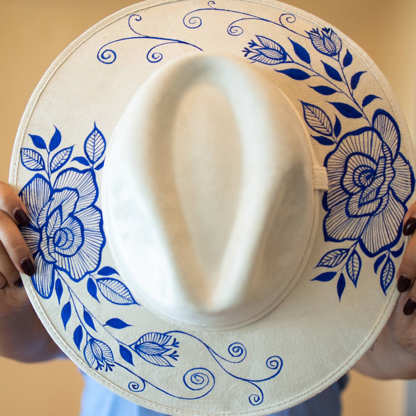 Wolf & Sparrow "Flower" Hand Painted Western Boho Hat - Ivory and Blue 