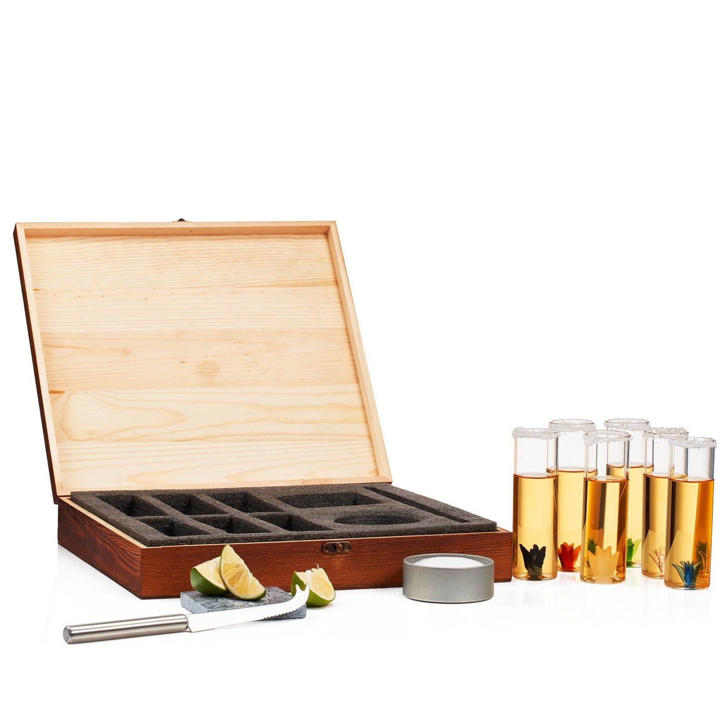 Wolf & Sparrow Tequila Shot Glass & Salt Gift Set- 6 Shot Glasses, Knife