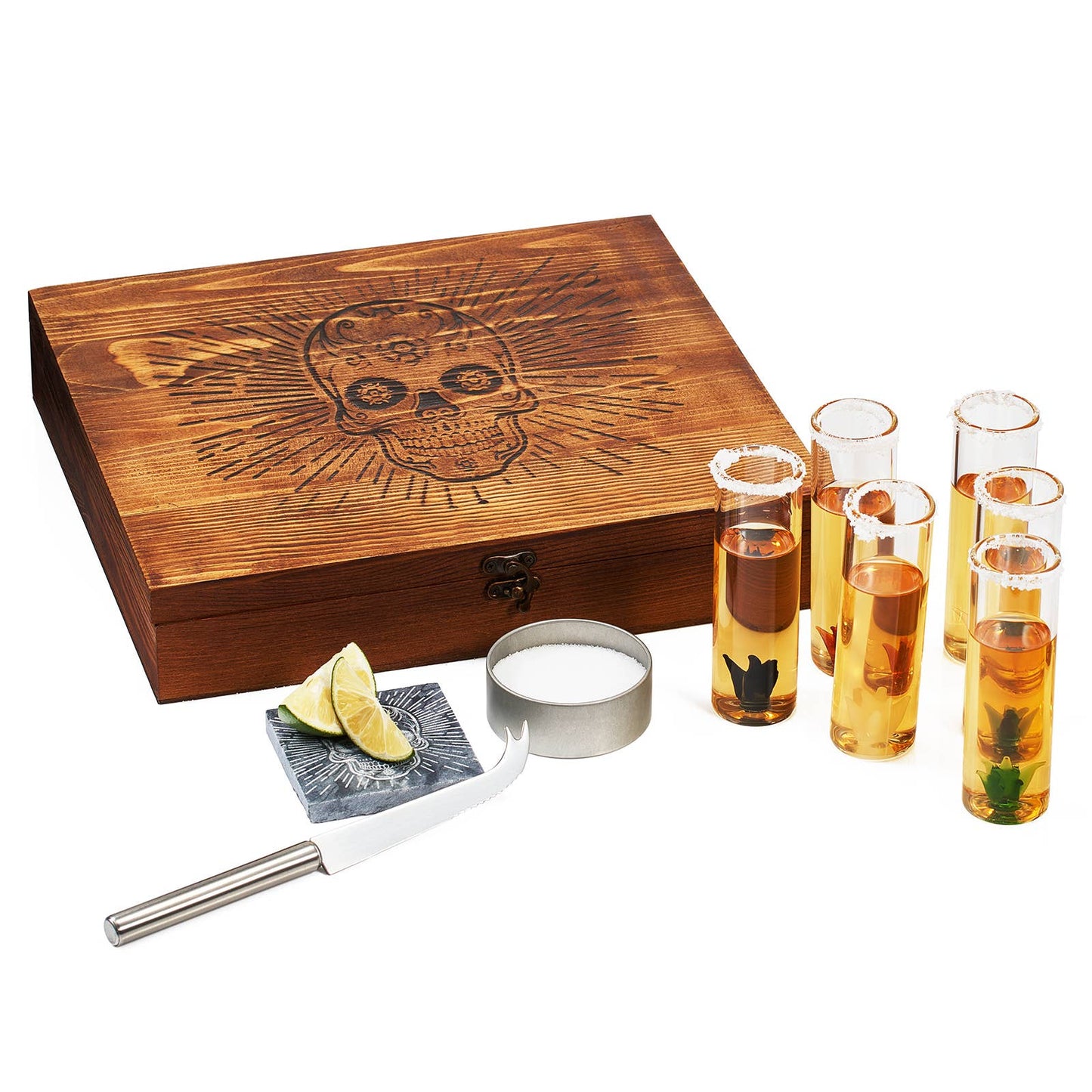 Wolf & Sparrow Tequila Shot Glass & Salt Gift Set- 6 Shot Glasses, Knife