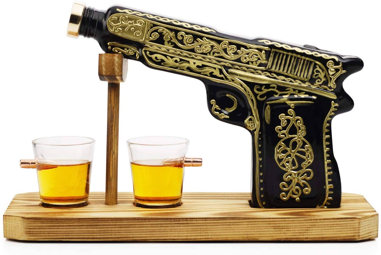 Wolf & Sparrow Glass Hand Painted Pistol Gun Decanter & 2 Shot Glasses Set