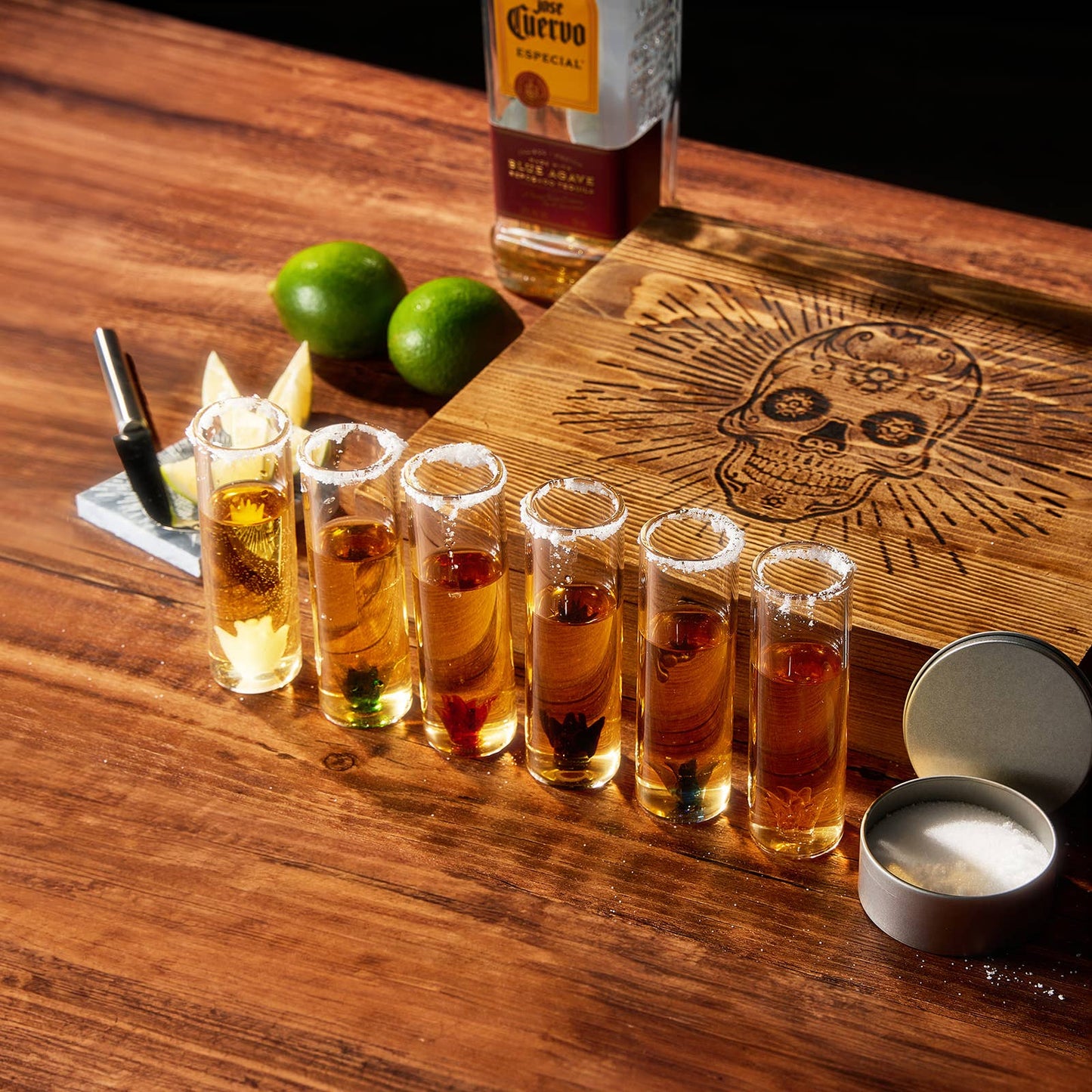 Wolf & Sparrow Tequila Shot Glass & Salt Gift Set- 6 Shot Glasses, Knife