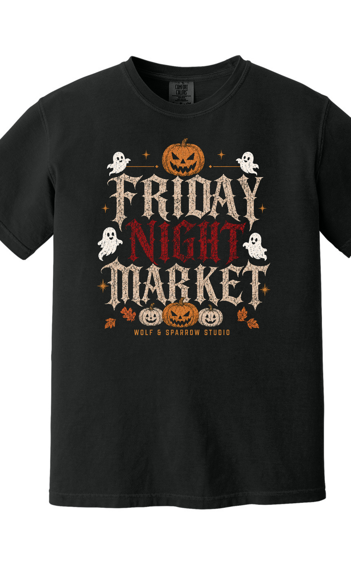 Wolf & Sparrow Friday Night Market Halloween Edition T-Shirt front