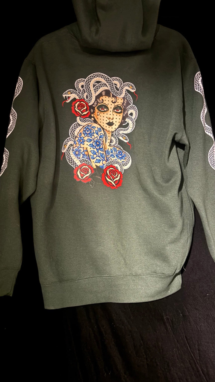 Wolf & Sparrow Studio “Medusa Girl” Hoodie back in Sport Green